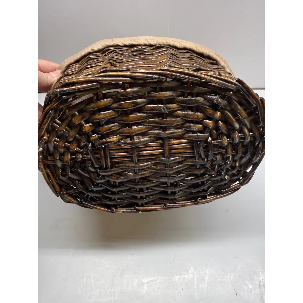 Dark Brown Wicker Storage Basket with Removable Tan Fabric Liner Oval Handwoven